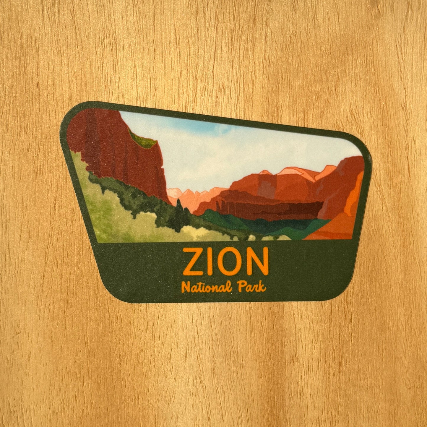 Zion National Park Sticker on a wooden surface