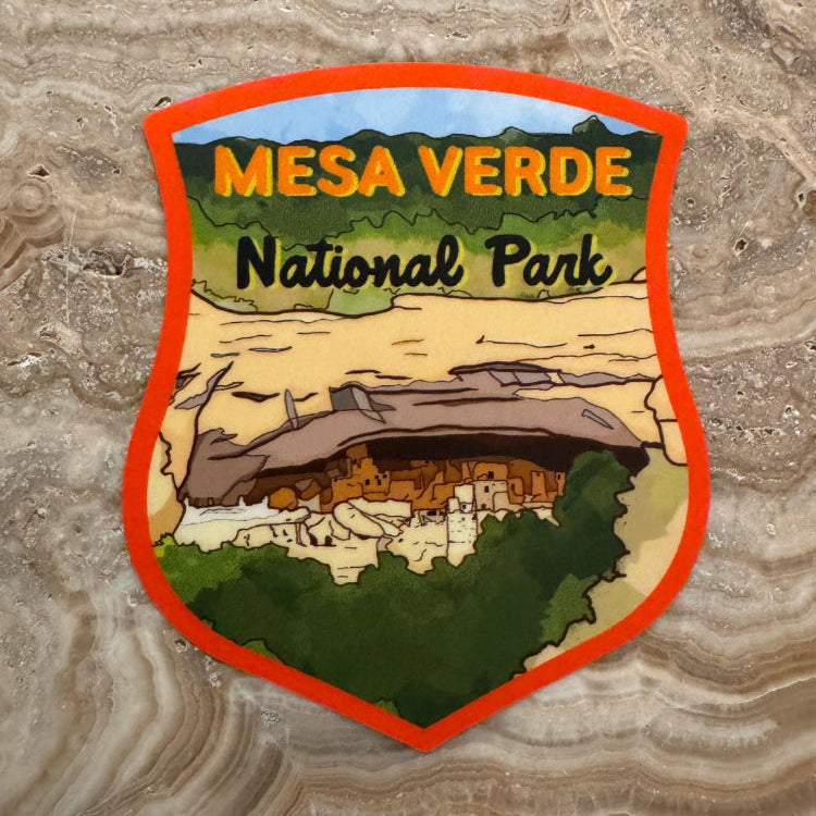 Vinyl Sticker of Mesa Verde National Park on a textured stone background